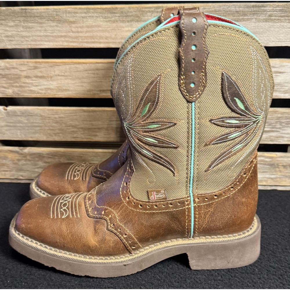 Justin Gypsy L9536 Womens 7.5 B Brown Leather Square Toe Western Work Boots - Picture 2 of 13